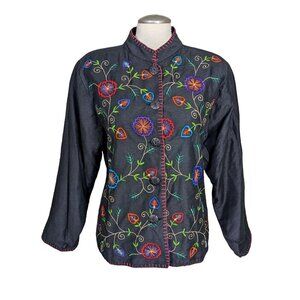 Vintage Womens Silk Blend Jacket Size Large Art to Wear Black Embroidered Floral